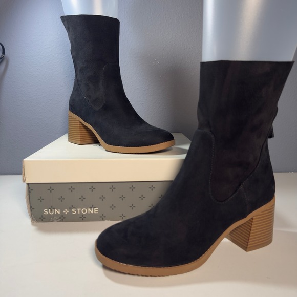 Sun + Stone Shoes - Sun + Stone Lyraaf Boots Women 9.5 Black New Block Heel Back Zip Ankle Bootie